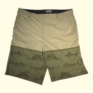 Huk Men's Tan and Olive Shark Pattern Shorts